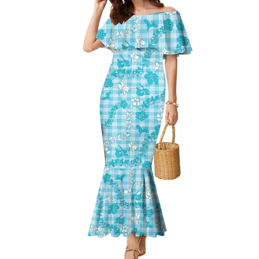 Polu Aloha Hawaii Family Matching Mermaid Dress and Hawaiian Shirt Plumeria Lei With Palaka Motif LT14 Mom's Dress Blue - Polynesian Pride