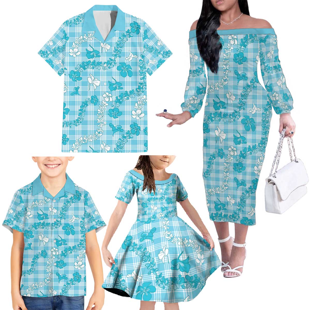 Polu Aloha Hawaii Family Matching Off The Shoulder Long Sleeve Dress and Hawaiian Shirt Plumeria Lei With Palaka Motif LT14 - Polynesian Pride