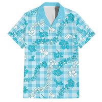 Polu Aloha Hawaii Family Matching Off The Shoulder Long Sleeve Dress and Hawaiian Shirt Plumeria Lei With Palaka Motif LT14 Dad's Shirt - Short Sleeve Blue - Polynesian Pride