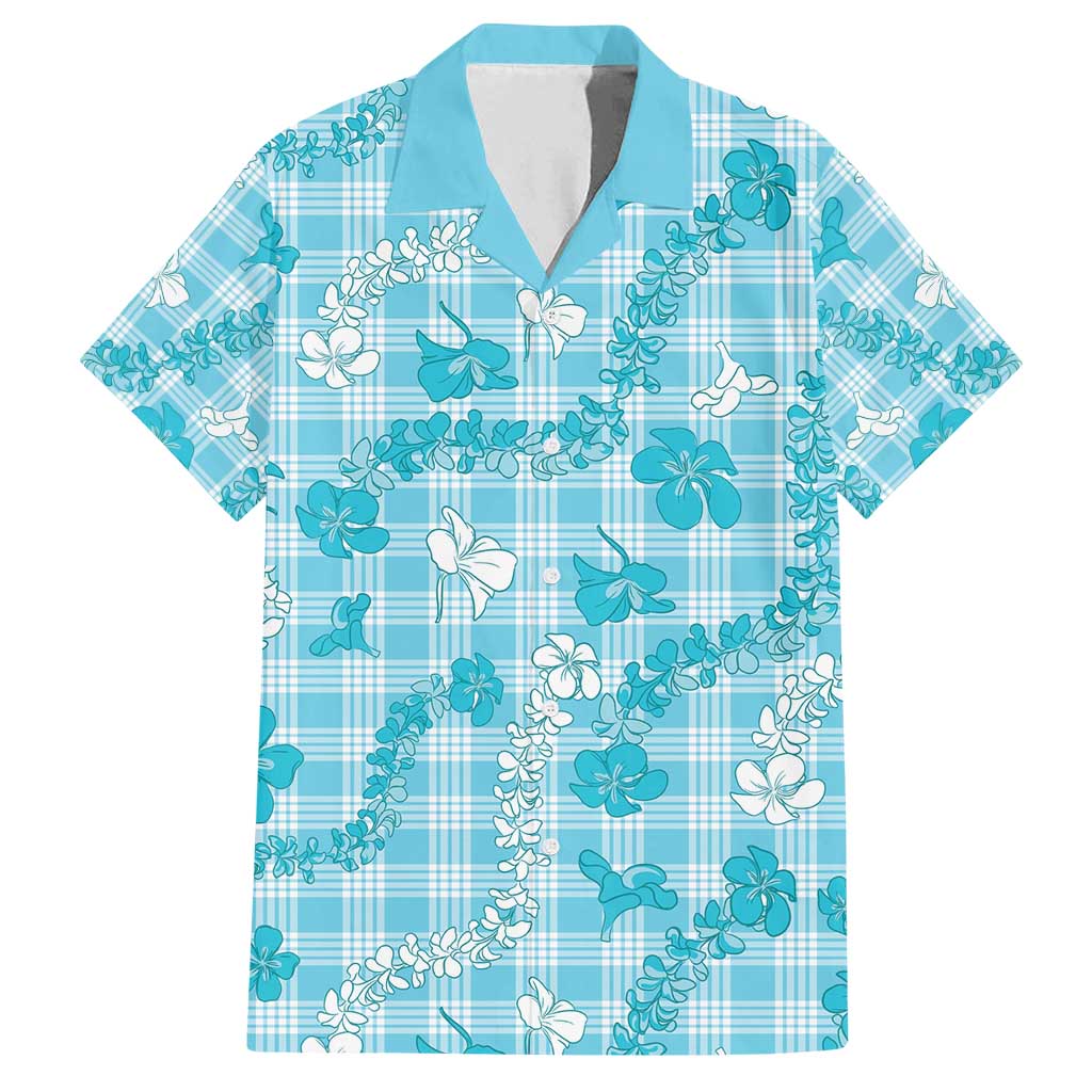 Polu Aloha Hawaii Family Matching Off Shoulder Maxi Dress and Hawaiian Shirt Plumeria Lei With Palaka Motif LT14 Dad's Shirt - Short Sleeve Blue - Polynesian Pride