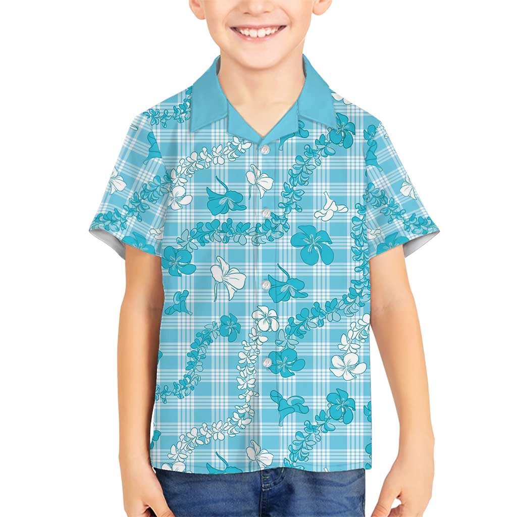 Polu Aloha Hawaii Family Matching Off Shoulder Maxi Dress and Hawaiian Shirt Plumeria Lei With Palaka Motif LT14 Son's Shirt Blue - Polynesian Pride