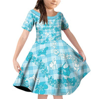 Polu Aloha Hawaii Family Matching Off Shoulder Short Dress and Hawaiian Shirt Plumeria Lei With Palaka Motif LT14 Daughter's Dress Blue - Polynesian Pride