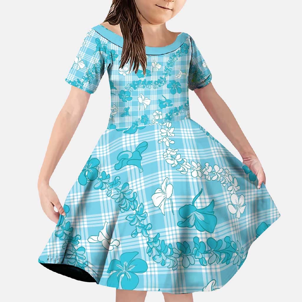 Polu Aloha Hawaii Family Matching Short Sleeve Bodycon Dress and Hawaiian Shirt Plumeria Lei With Palaka Motif LT14 Daughter's Dress Blue - Polynesian Pride