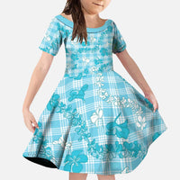 Polu Aloha Hawaii Family Matching Summer Maxi Dress and Hawaiian Shirt Plumeria Lei With Palaka Motif LT14 Daughter's Dress Blue - Polynesian Pride