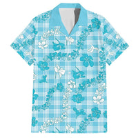 Polu Aloha Hawaii Family Matching Summer Maxi Dress and Hawaiian Shirt Plumeria Lei With Palaka Motif LT14 Dad's Shirt - Short Sleeve Blue - Polynesian Pride
