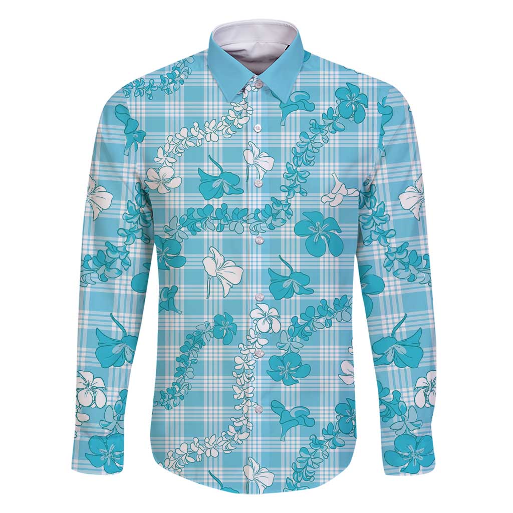 Polu Aloha Hawaii Family Matching Summer Maxi Dress and Hawaiian Shirt Plumeria Lei With Palaka Motif LT14 Dad's Shirt - Long Sleeve Blue - Polynesian Pride