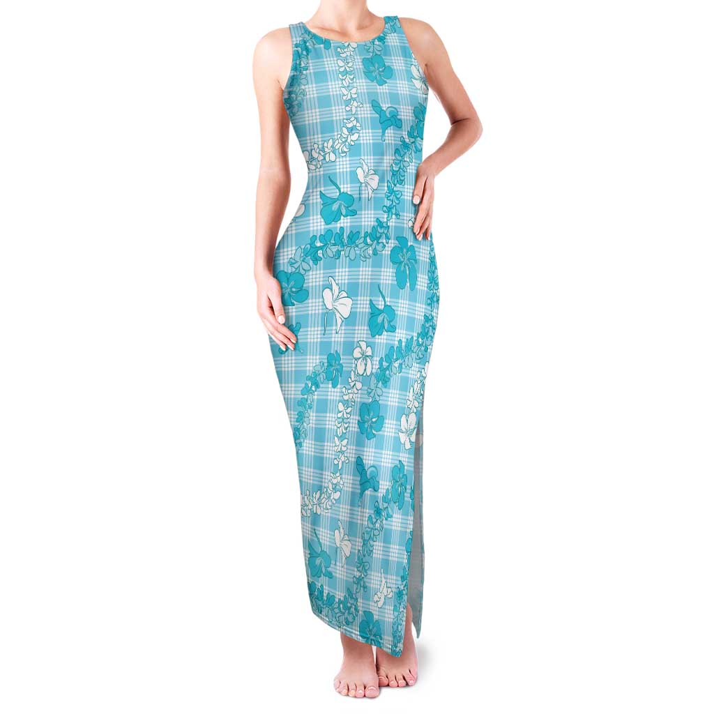 Polu Aloha Hawaii Family Matching Tank Maxi Dress and Hawaiian Shirt Plumeria Lei With Palaka Motif LT14 Mom's Dress Blue - Polynesian Pride