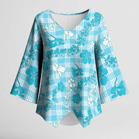 Polu Aloha Hawaii Kimono Sleeve Blouse Plumeria Lei With Palaka Motif LT14 Female Blue - Polynesian Pride