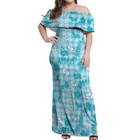 Polu Aloha Hawaii Off Shoulder Maxi Dress Plumeria Lei With Palaka Motif - Polynesian Pride