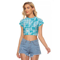 Polu Aloha Hawaii Raglan Cropped T Shirt Plumeria Lei With Palaka Motif - Polynesian Pride