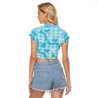 Polu Aloha Hawaii Raglan Cropped T Shirt Plumeria Lei With Palaka Motif - Polynesian Pride