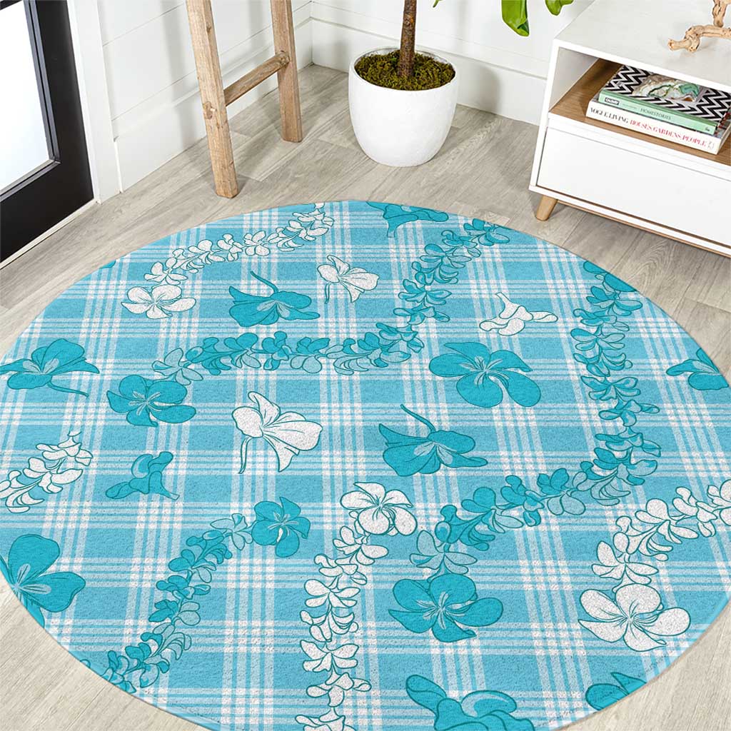 Polu Aloha Hawaii Round Carpet Plumeria Lei With Palaka Motif LT14 Blue - Polynesian Pride