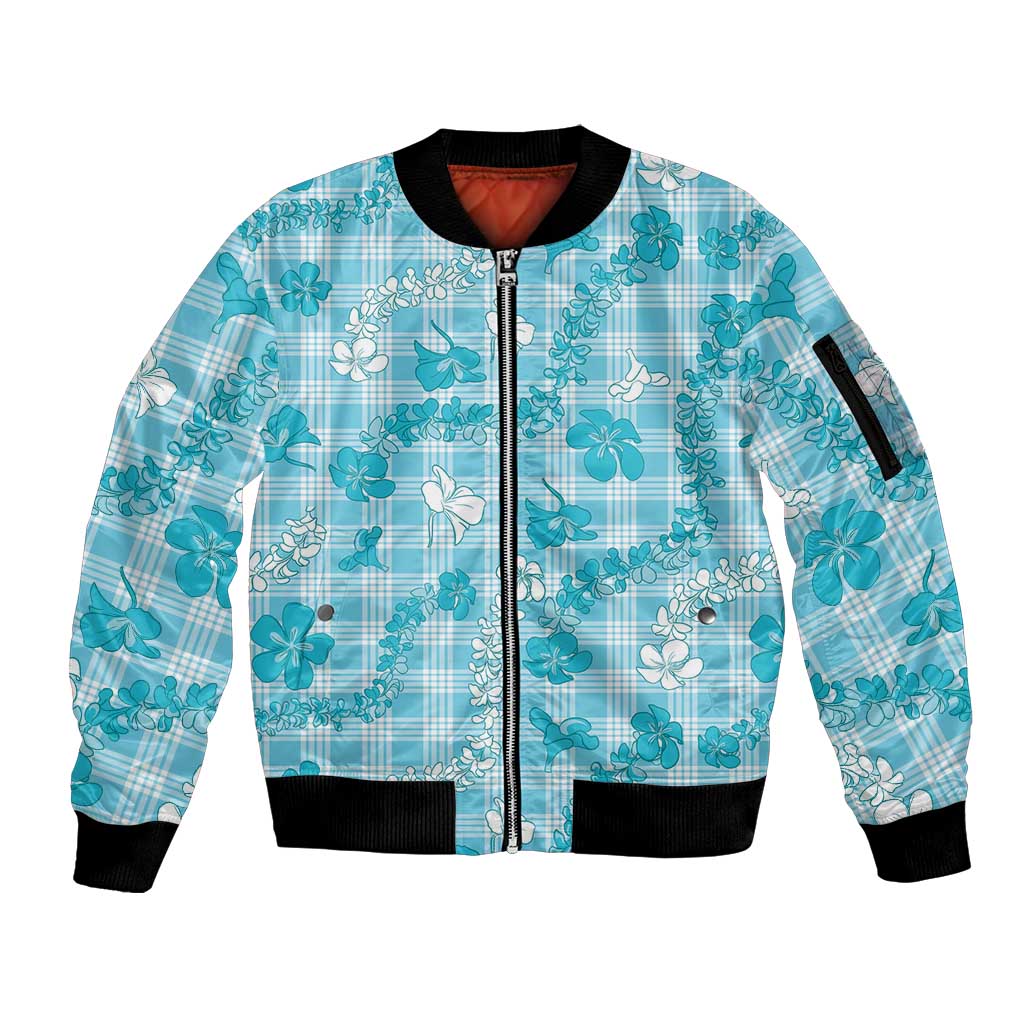 Polu Aloha Hawaii Sleeve Zip Bomber Jacket Plumeria Lei With Palaka Motif LT14 Unisex Blue - Polynesian Pride