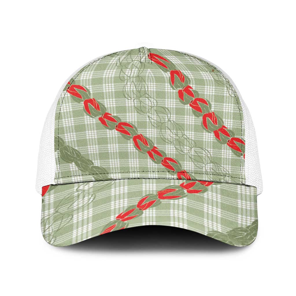 Omaomao Aloha Hawaii Baseball Net Cap Rosebud Lei With Palaka Motif LT14 One Size White Green - Polynesian Pride