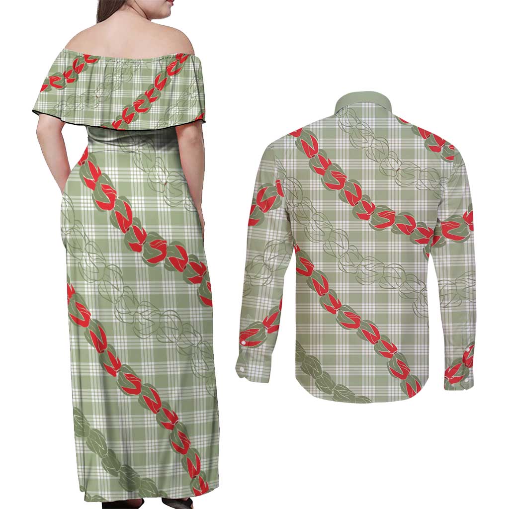 Omaomao Aloha Hawaii Couples Matching Off Shoulder Maxi Dress and Long Sleeve Button Shirt Rosebud Lei With Palaka Motif - Polynesian Pride