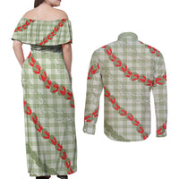 Omaomao Aloha Hawaii Couples Matching Off Shoulder Maxi Dress and Long Sleeve Button Shirt Rosebud Lei With Palaka Motif - Polynesian Pride