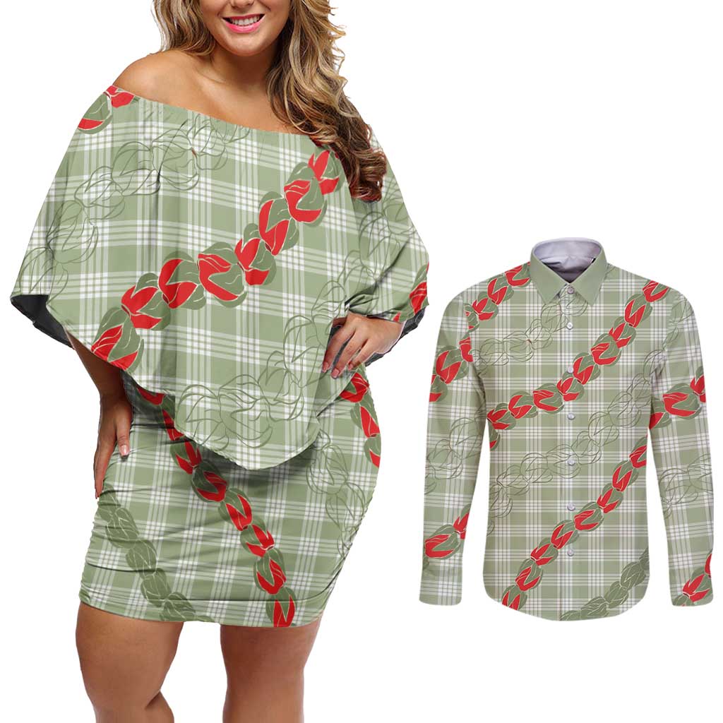 Omaomao Aloha Hawaii Couples Matching Off Shoulder Short Dress and Long Sleeve Button Shirt Rosebud Lei With Palaka Motif - Polynesian Pride