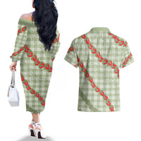 Omaomao Aloha Hawaii Couples Matching Off The Shoulder Long Sleeve Dress and Hawaiian Shirt Rosebud Lei With Palaka Motif LT14 - Polynesian Pride