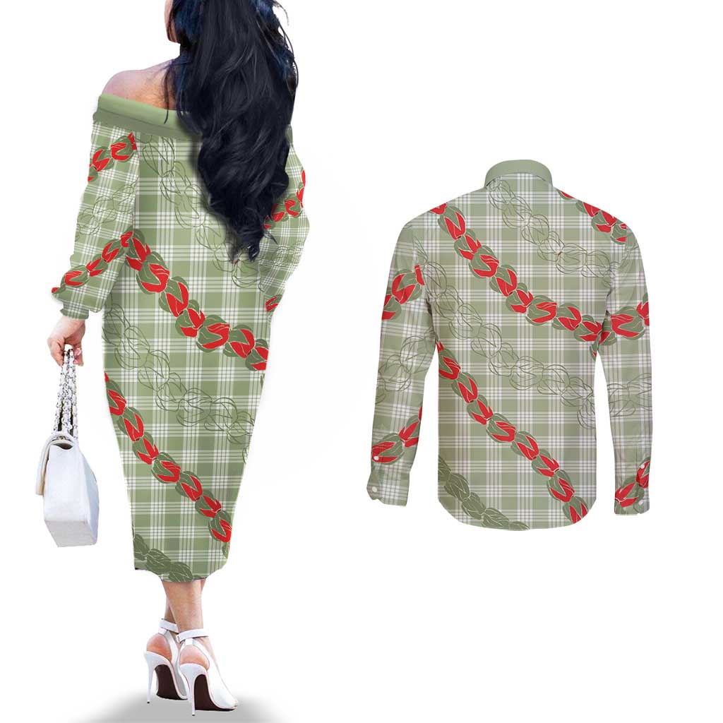 Omaomao Aloha Hawaii Couples Matching Off The Shoulder Long Sleeve Dress and Long Sleeve Button Shirt Rosebud Lei With Palaka Motif - Polynesian Pride