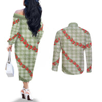 Omaomao Aloha Hawaii Couples Matching Off The Shoulder Long Sleeve Dress and Long Sleeve Button Shirt Rosebud Lei With Palaka Motif - Polynesian Pride