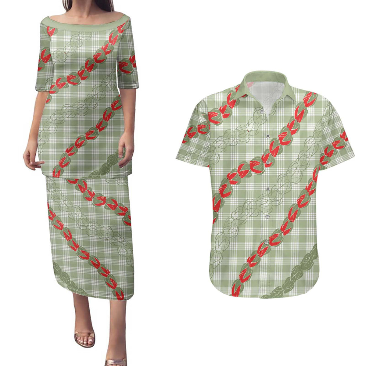 Omaomao Aloha Hawaii Couples Matching Puletasi and Hawaiian Shirt Rosebud Lei With Palaka Motif - Polynesian Pride