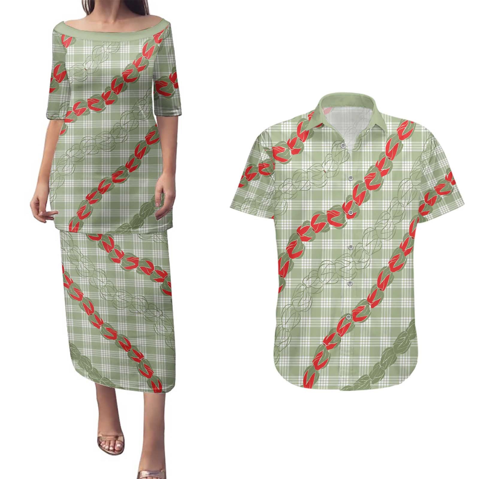 Omaomao Aloha Hawaii Couples Matching Puletasi and Hawaiian Shirt Rosebud Lei With Palaka Motif LT14 Green - Polynesian Pride