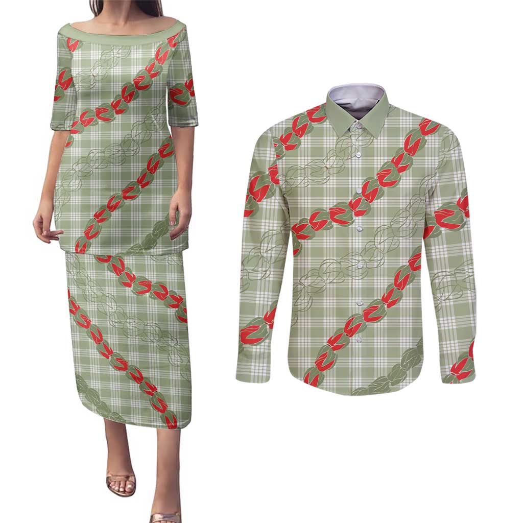 Omaomao Aloha Hawaii Couples Matching Puletasi and Long Sleeve Button Shirt Rosebud Lei With Palaka Motif - Polynesian Pride