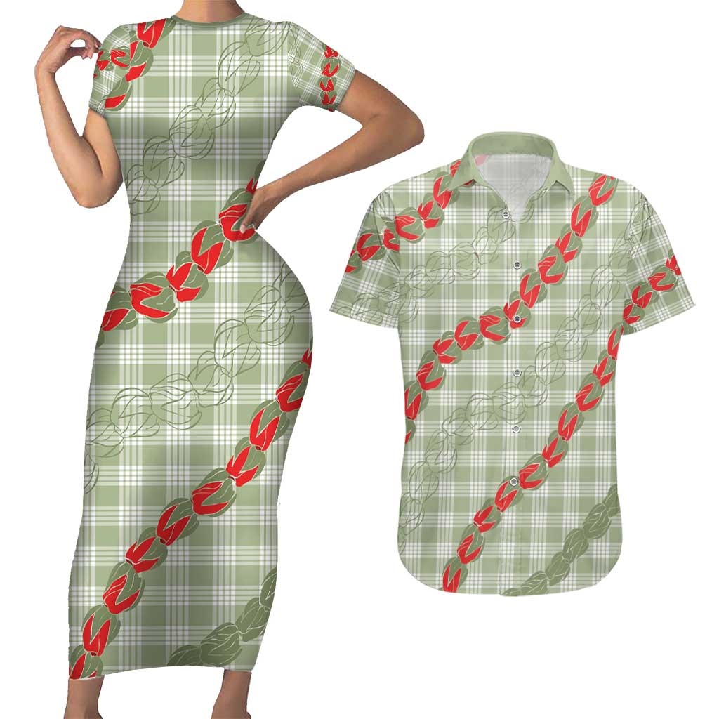 Omaomao Aloha Hawaii Couples Matching Short Sleeve Bodycon Dress and Hawaiian Shirt Rosebud Lei With Palaka Motif LT14 Green - Polynesian Pride