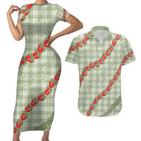 Omaomao Aloha Hawaii Couples Matching Short Sleeve Bodycon Dress and Hawaiian Shirt Rosebud Lei With Palaka Motif LT14 Green - Polynesian Pride