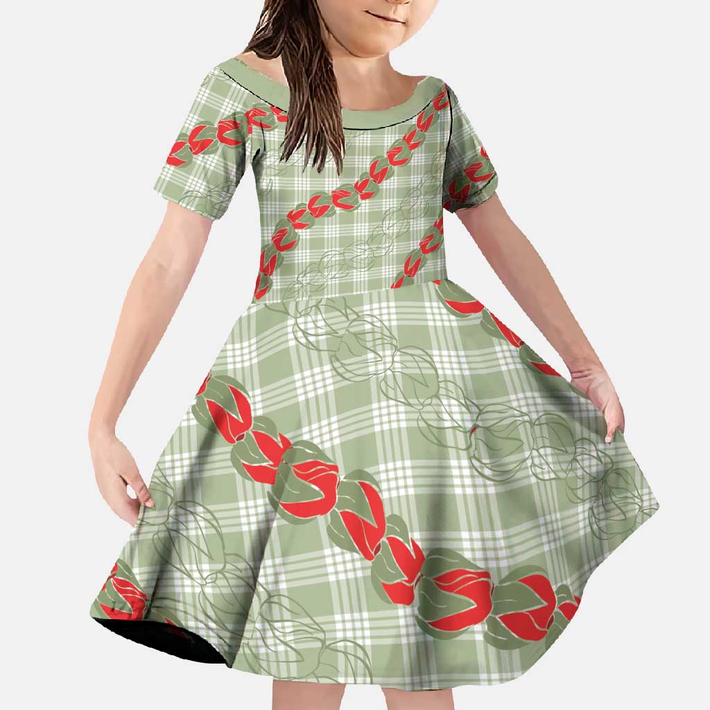 Omaomao Aloha Hawaii Family Matching Long Sleeve Bodycon Dress and Hawaiian Shirt Rosebud Lei With Palaka Motif LT14 Daughter's Dress Green - Polynesian Pride