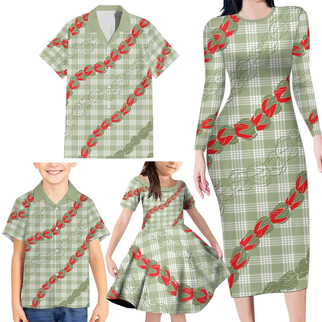 Omaomao Aloha Hawaii Family Matching Long Sleeve Bodycon Dress and Hawaiian Shirt Rosebud Lei With Palaka Motif LT14 - Polynesian Pride