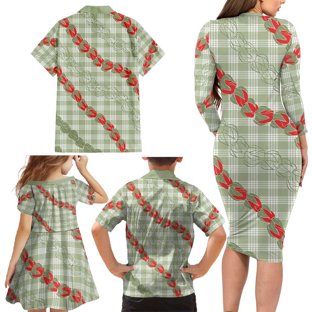 Omaomao Aloha Hawaii Family Matching Long Sleeve Bodycon Dress and Hawaiian Shirt Rosebud Lei With Palaka Motif LT14 - Polynesian Pride
