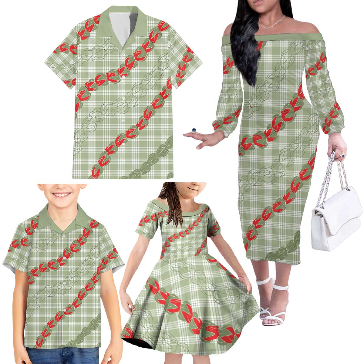 Omaomao Aloha Hawaii Family Matching Off The Shoulder Long Sleeve Dress and Hawaiian Shirt Rosebud Lei With Palaka Motif LT14 - Polynesian Pride