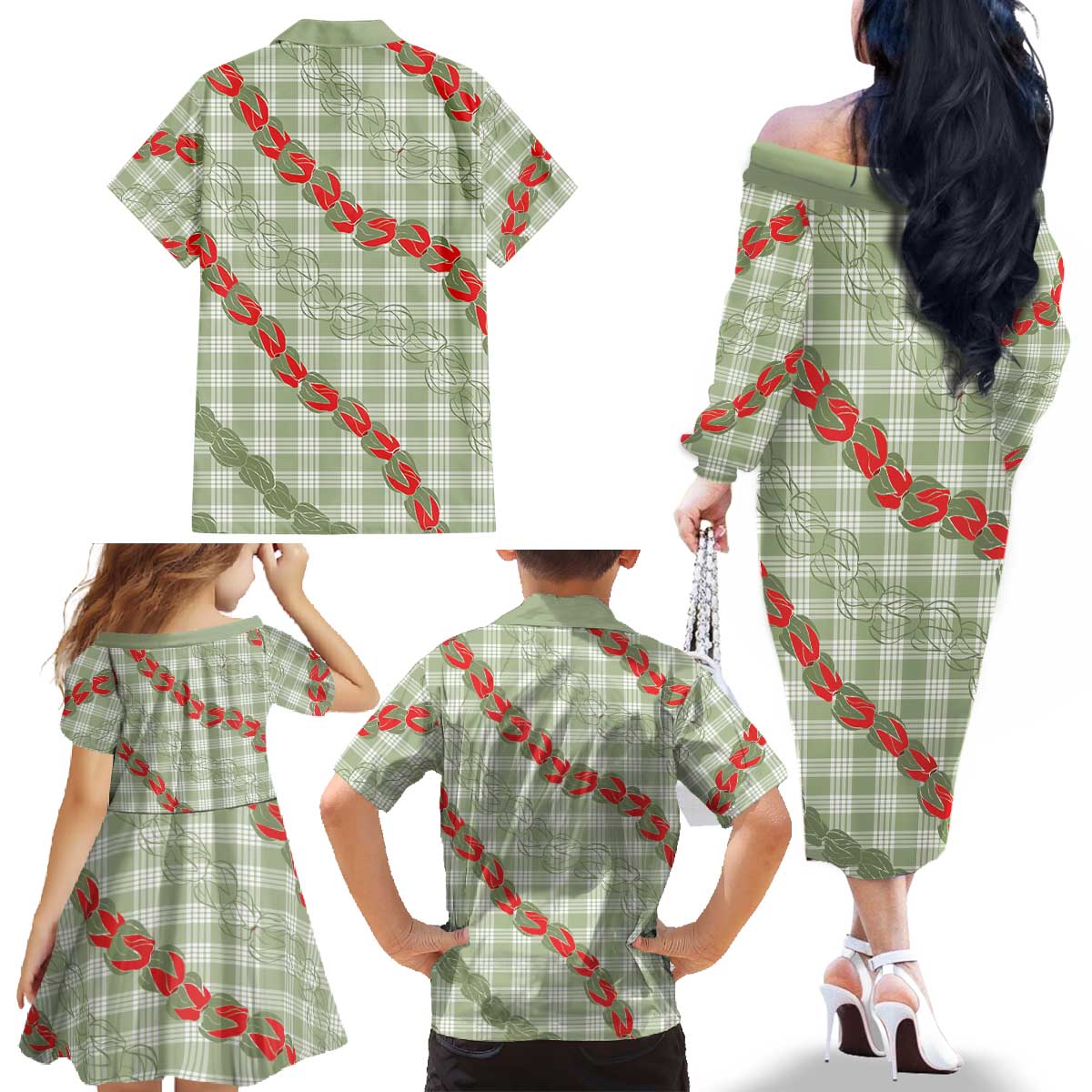 Omaomao Aloha Hawaii Family Matching Off The Shoulder Long Sleeve Dress and Hawaiian Shirt Rosebud Lei With Palaka Motif LT14 - Polynesian Pride
