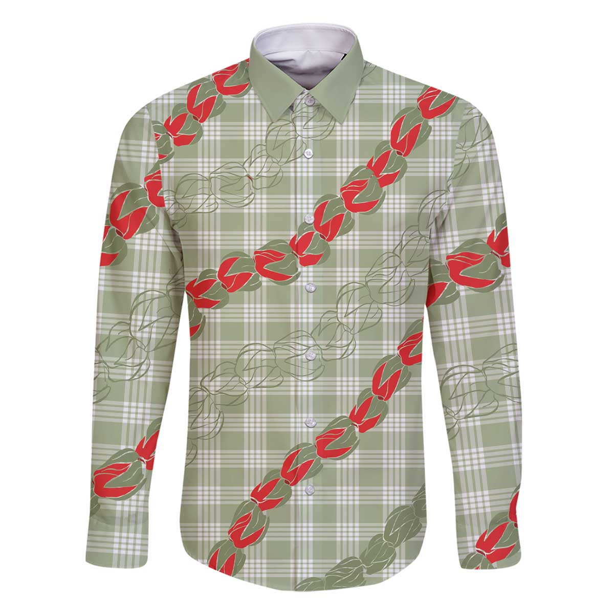 Omaomao Aloha Hawaii Family Matching Off The Shoulder Long Sleeve Dress and Hawaiian Shirt Rosebud Lei With Palaka Motif LT14 Dad's Shirt - Long Sleeve Green - Polynesian Pride