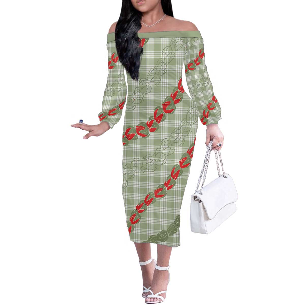 Omaomao Aloha Hawaii Family Matching Off The Shoulder Long Sleeve Dress and Hawaiian Shirt Rosebud Lei With Palaka Motif LT14 Mom's Dress Green - Polynesian Pride