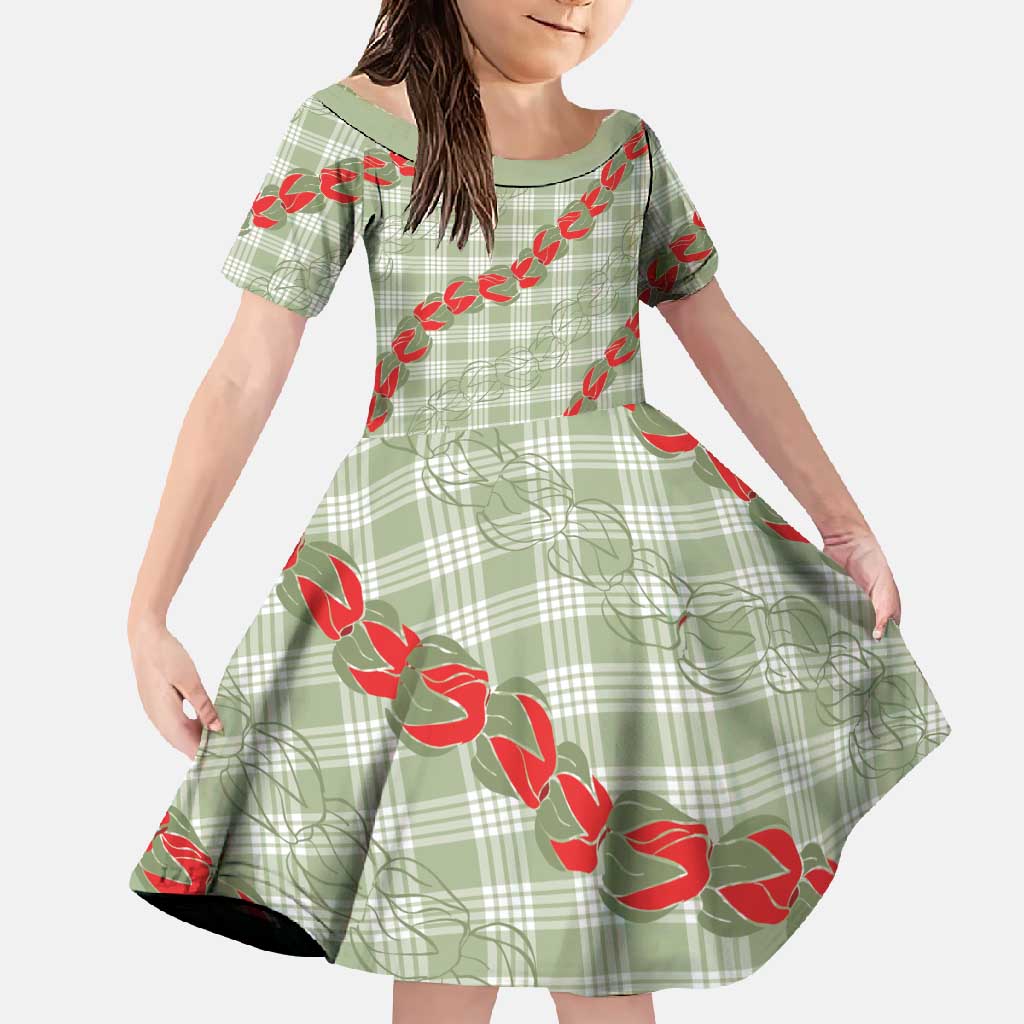Omaomao Aloha Hawaii Family Matching Off Shoulder Maxi Dress and Hawaiian Shirt Rosebud Lei With Palaka Motif LT14 Daughter's Dress Green - Polynesian Pride