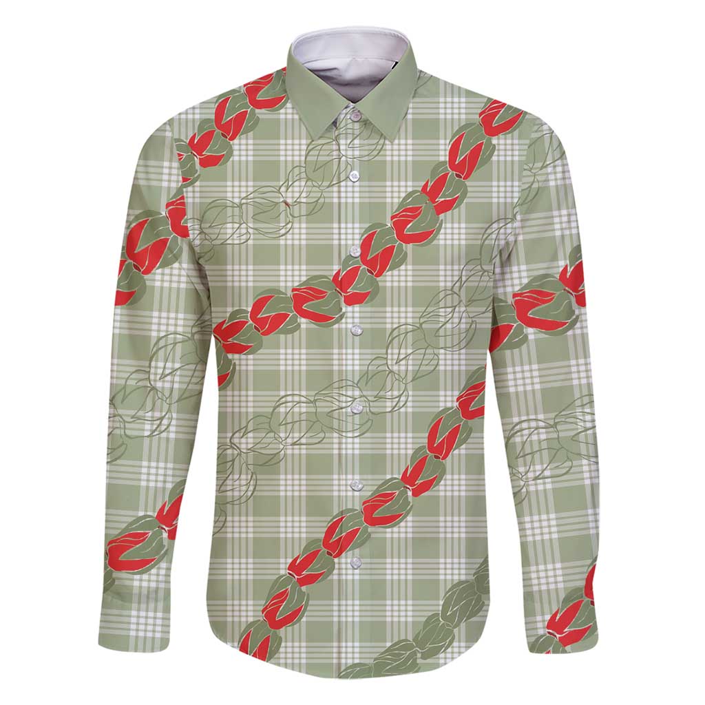 Omaomao Aloha Hawaii Family Matching Off Shoulder Maxi Dress and Hawaiian Shirt Rosebud Lei With Palaka Motif LT14 Dad's Shirt - Long Sleeve Green - Polynesian Pride