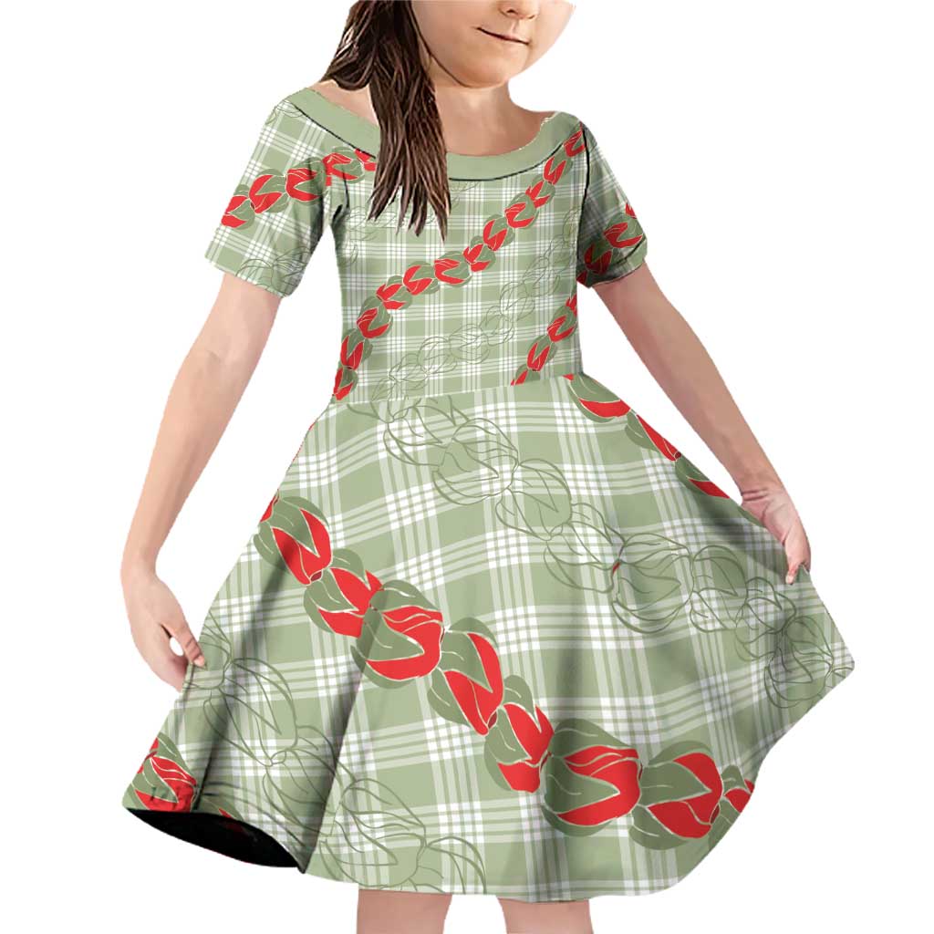 Omaomao Aloha Hawaii Family Matching Off Shoulder Short Dress and Hawaiian Shirt Rosebud Lei With Palaka Motif LT14 Daughter's Dress Green - Polynesian Pride
