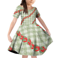 Omaomao Aloha Hawaii Family Matching Off Shoulder Short Dress and Hawaiian Shirt Rosebud Lei With Palaka Motif LT14 Daughter's Dress Green - Polynesian Pride