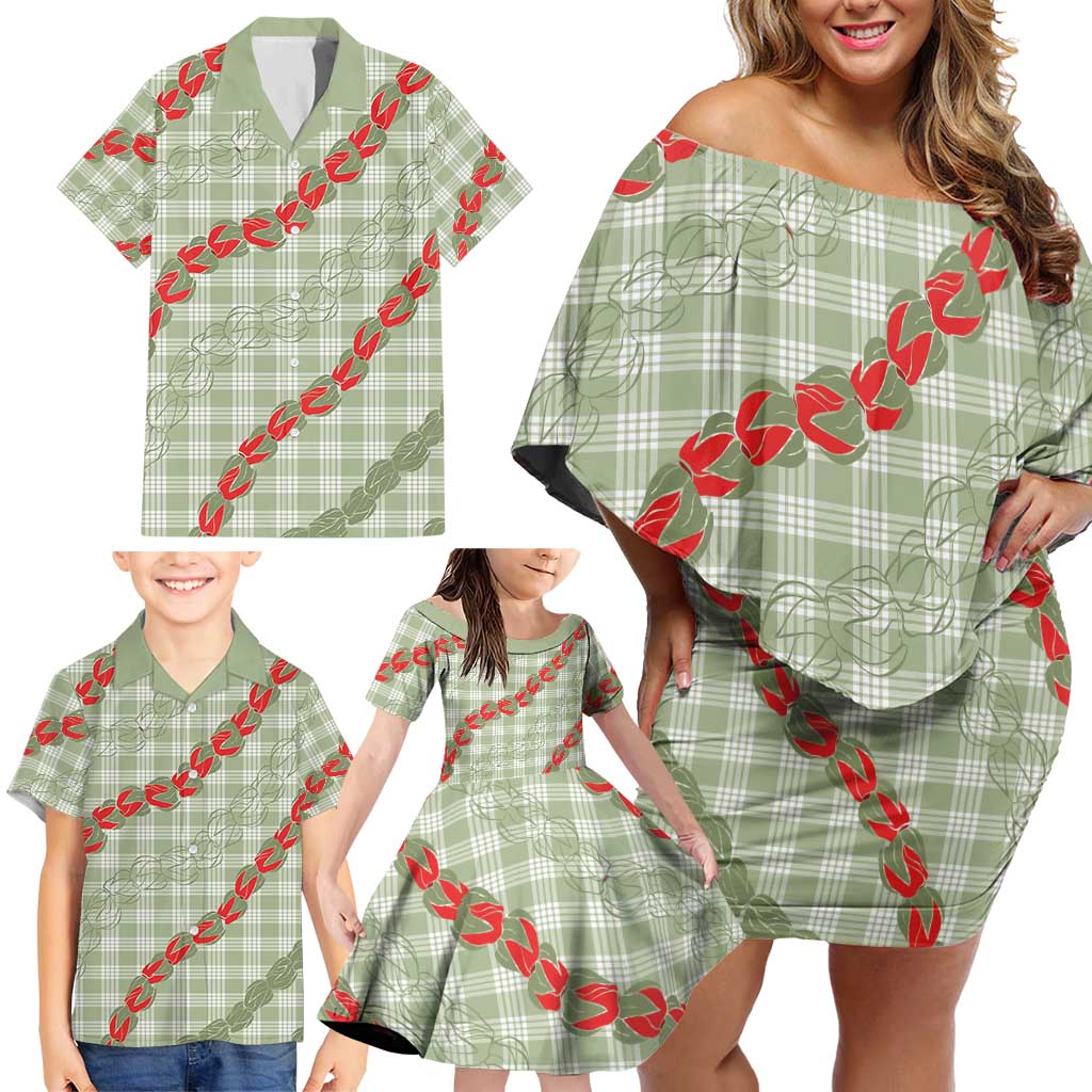 Omaomao Aloha Hawaii Family Matching Off Shoulder Short Dress and Hawaiian Shirt Rosebud Lei With Palaka Motif LT14 - Polynesian Pride