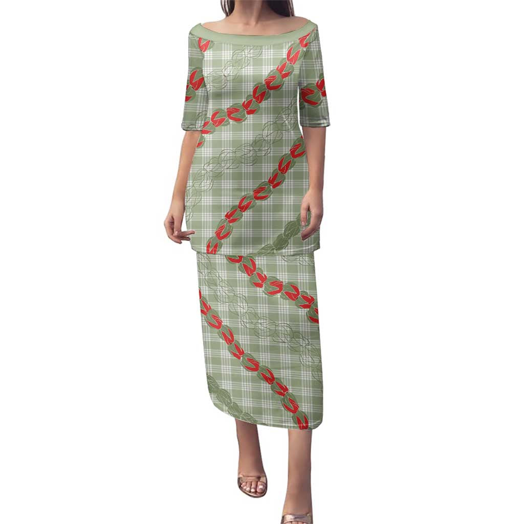 Omaomao Aloha Hawaii Family Matching Puletasi and Hawaiian Shirt Rosebud Lei With Palaka Motif LT14 Mom's Dress Green - Polynesian Pride