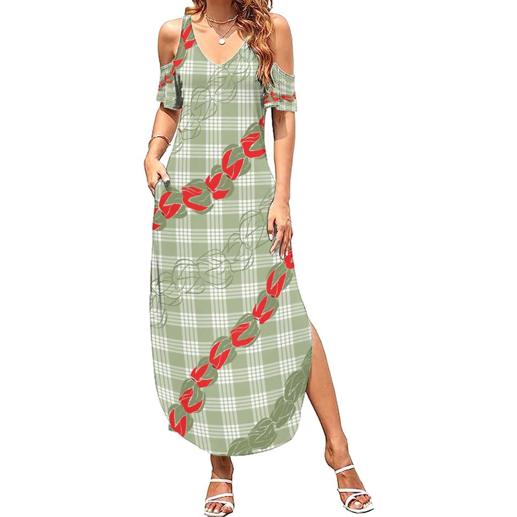 Omaomao Aloha Hawaii Family Matching Summer Maxi Dress and Hawaiian Shirt Rosebud Lei With Palaka Motif LT14 Mom's Dress Green - Polynesian Pride