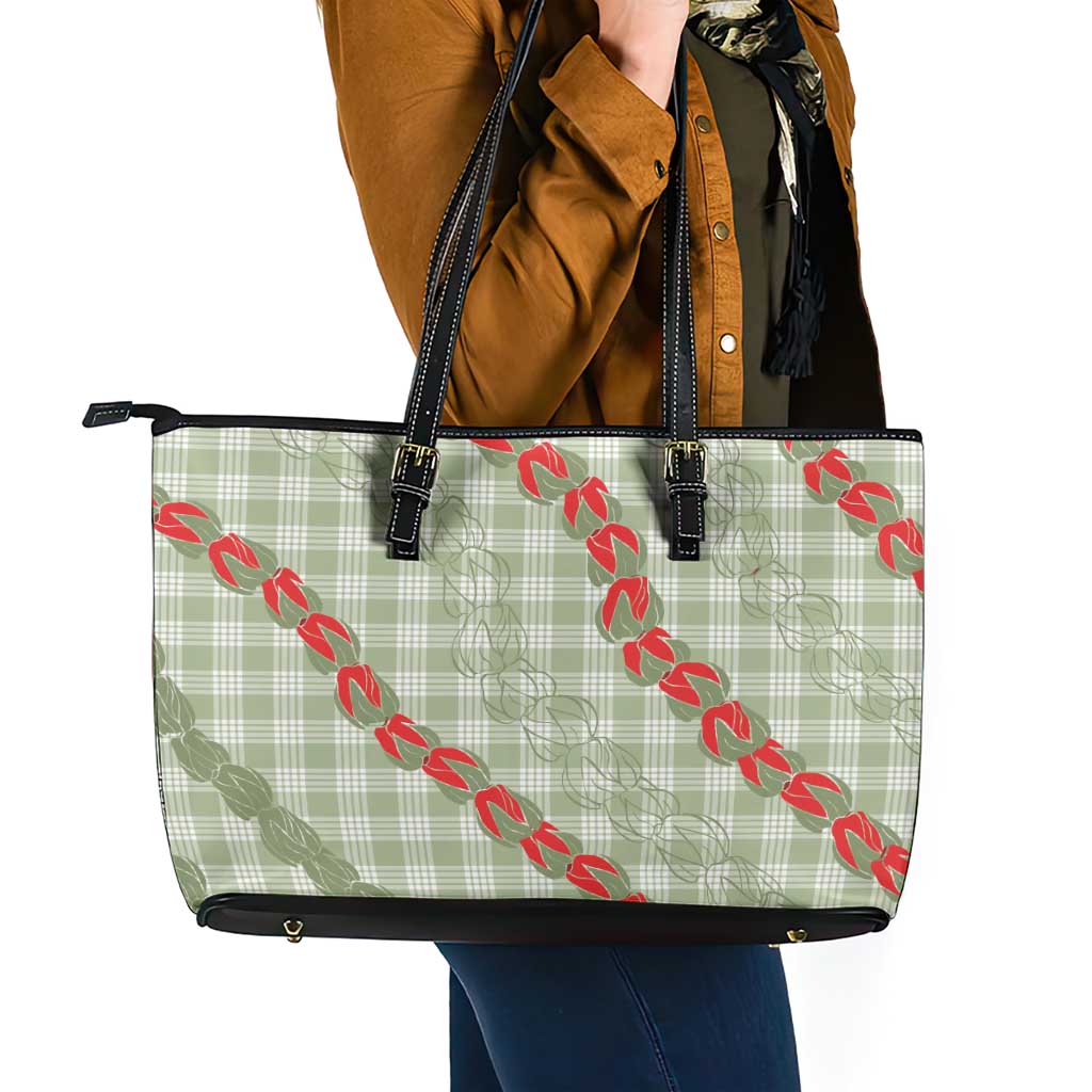 Omaomao Aloha Hawaii Leather Tote Bag Rosebud Lei With Palaka Motif - Polynesian Pride