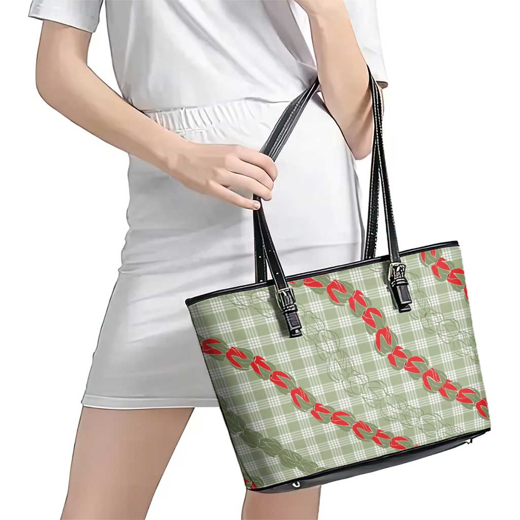 Omaomao Aloha Hawaii Leather Tote Bag Rosebud Lei With Palaka Motif - Polynesian Pride