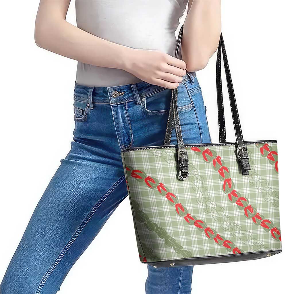 Omaomao Aloha Hawaii Leather Tote Bag Rosebud Lei With Palaka Motif - Polynesian Pride