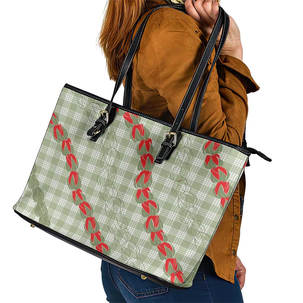 Omaomao Aloha Hawaii Leather Tote Bag Rosebud Lei With Palaka Motif - Polynesian Pride
