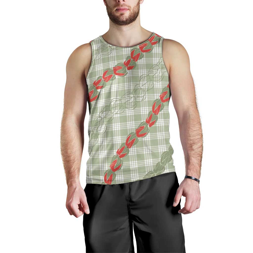 Omaomao Aloha Hawaii Men Tank Top Rosebud Lei With Palaka Motif - Polynesian Pride