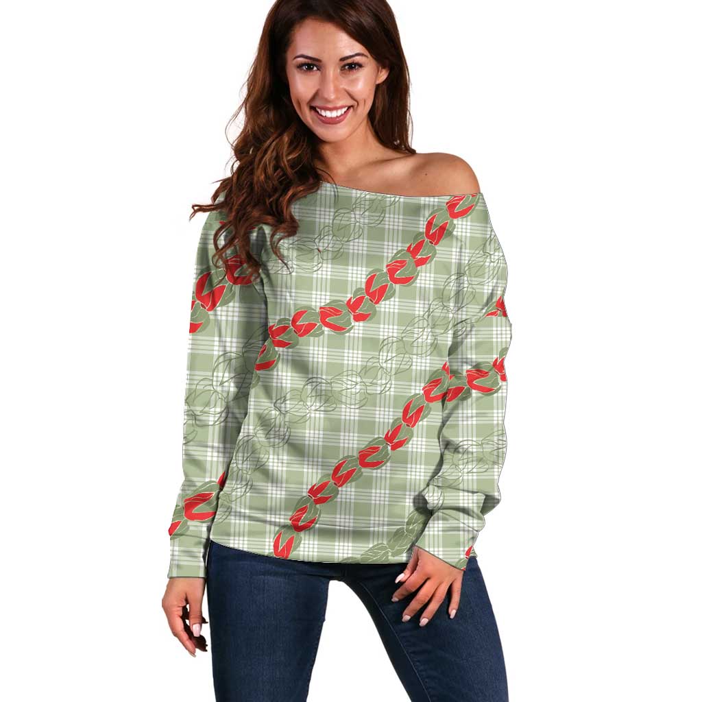 Omaomao Aloha Hawaii Off Shoulder Sweater Rosebud Lei With Palaka Motif - Polynesian Pride
