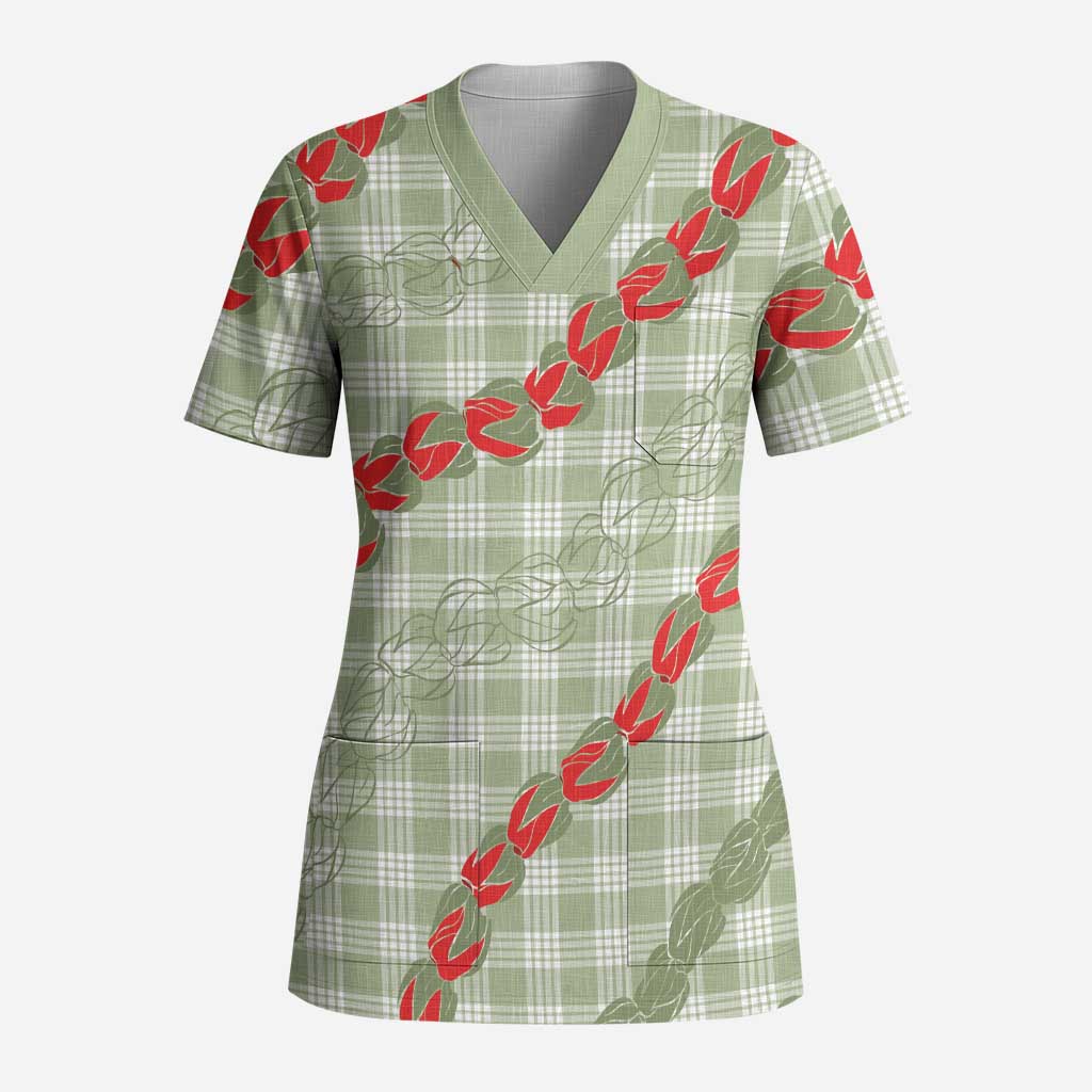 Omaomao Aloha Hawaii Scrub Top Rosebud Lei With Palaka Motif - Polynesian Pride